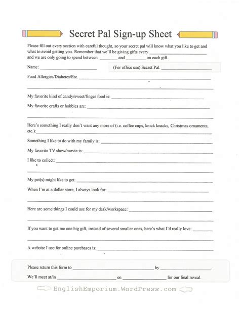 Free Printable Secret Pal Questionnaire